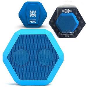 Boombot Rex Speaker and its box's back and forth in blue color